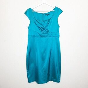 David Meister Pleated Asymmetric Chest Satin Teal Cocktail Dress 14
